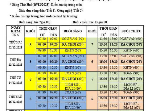 Thông báo Lịch kiểm tra cuối kì 1 năm học 2025 - 2026