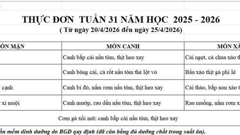 Thực đơn học sinh tuần 31, năm học 2025-2026